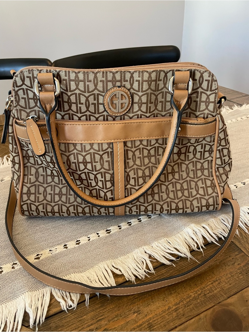 Gianni Bernini Tan and Brown Logo-Print Satchel Handbag